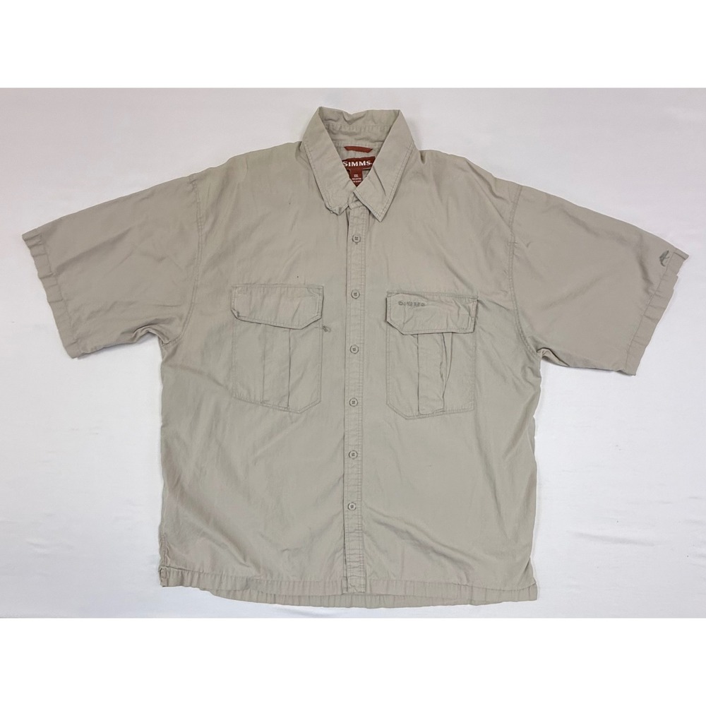 Simms Mens XXL Short Sleeve Fishing Shirt‎ Tan Khaki Cotton Utility Button Up